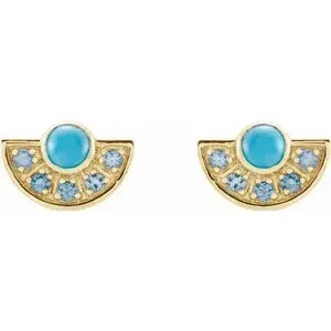 14K Gold Natural Turquoise & Natural Aquamarine Fan Earrings