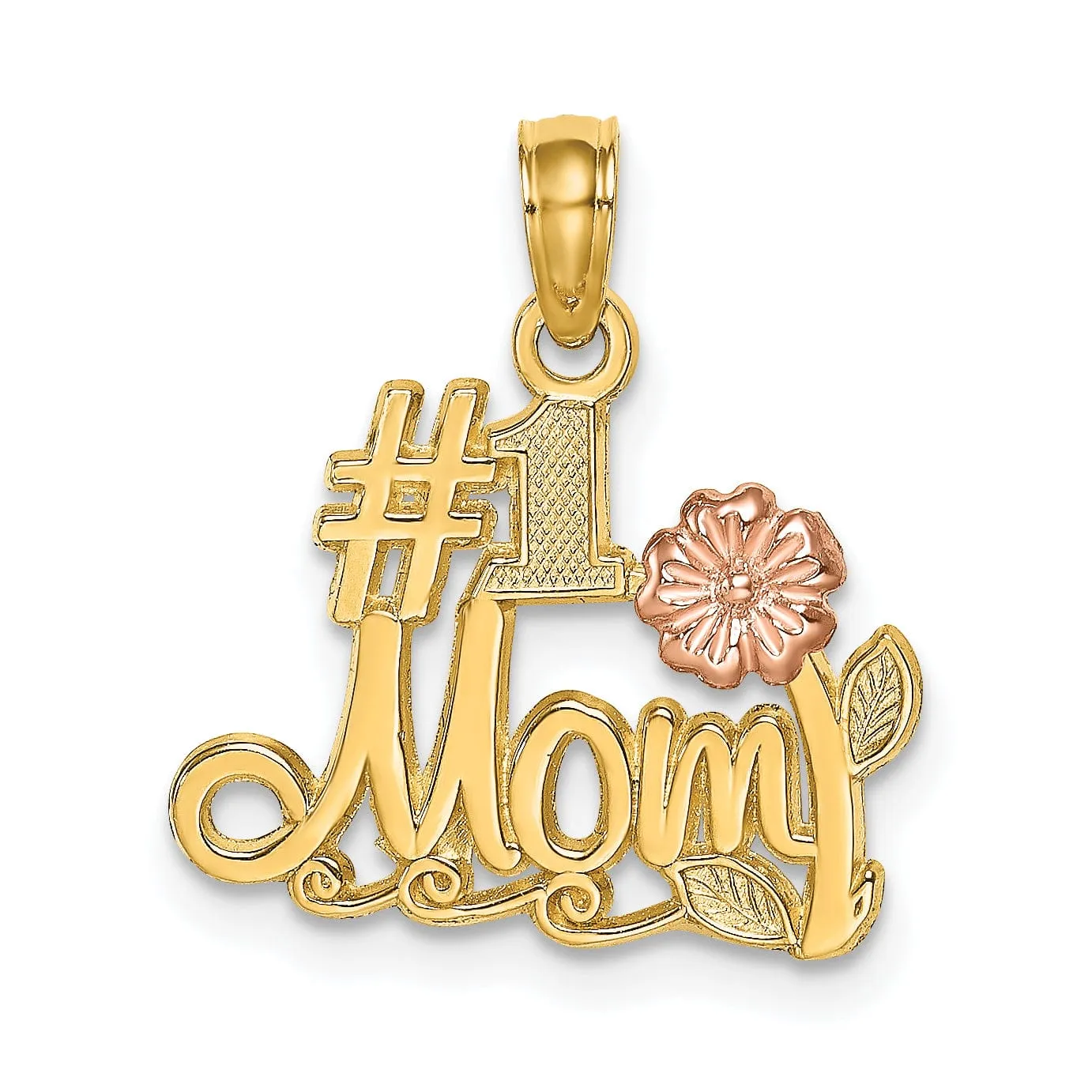 14K Two Tone Gold, White Rhodium Textured Polished Finish Script #1 MOM with Leaf, Flower Design Charm Pendant