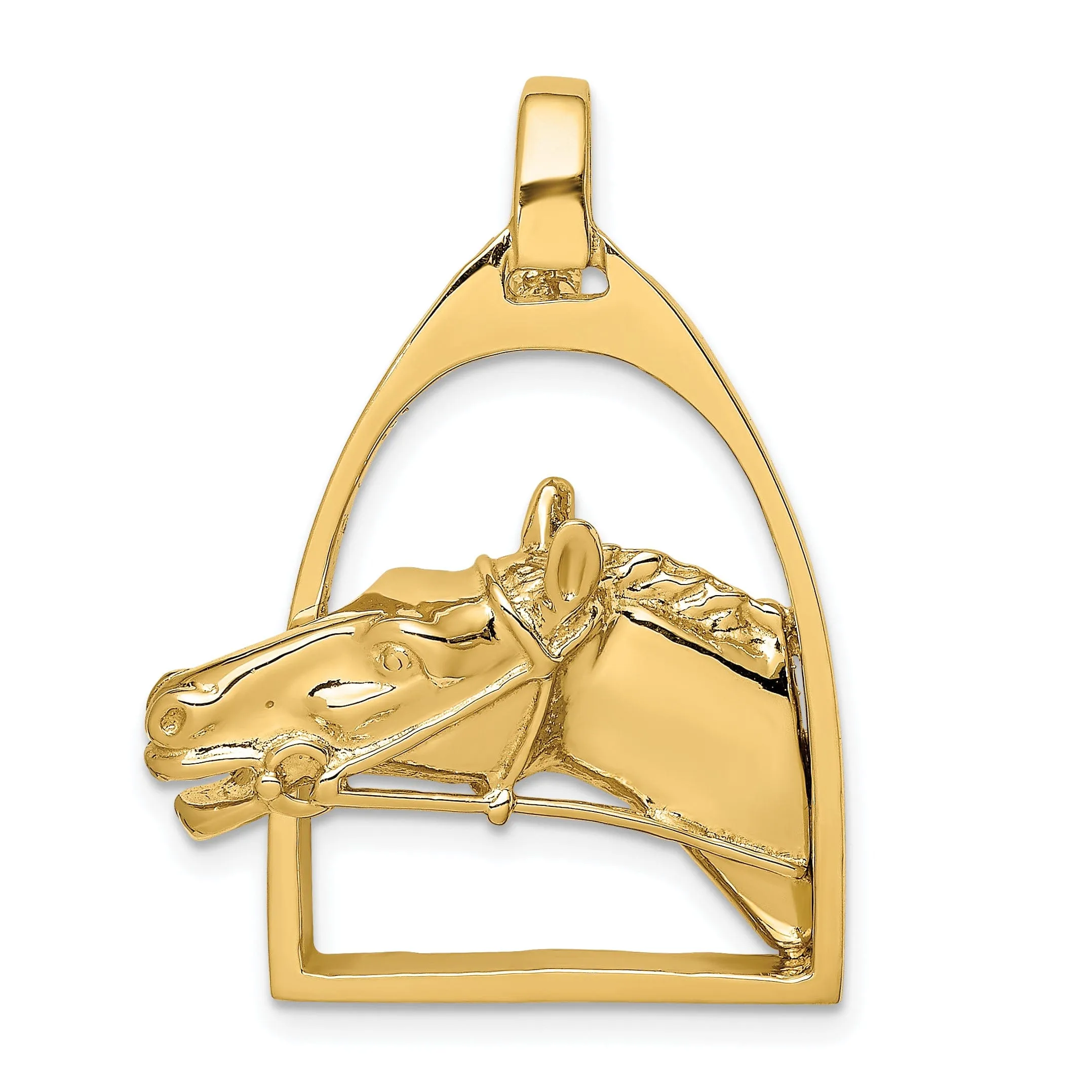 14K Yellow Gold Open Back Texture Polished Finish Horse Head in Stirrup Charm Pendant