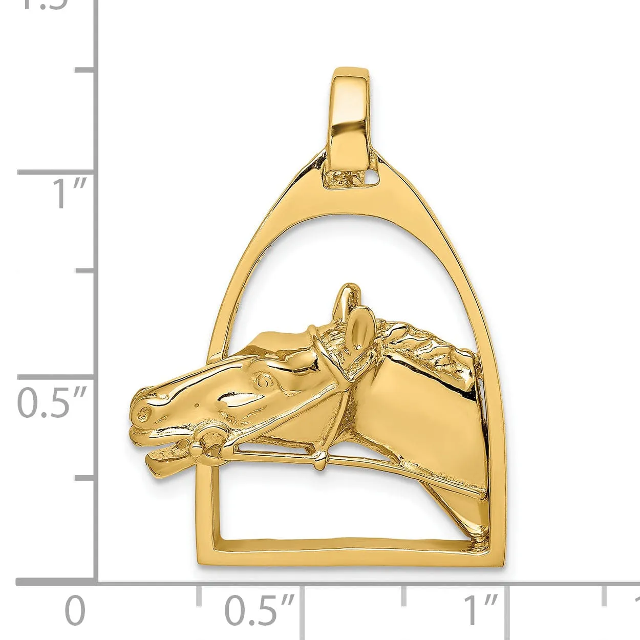 14K Yellow Gold Open Back Texture Polished Finish Horse Head in Stirrup Charm Pendant