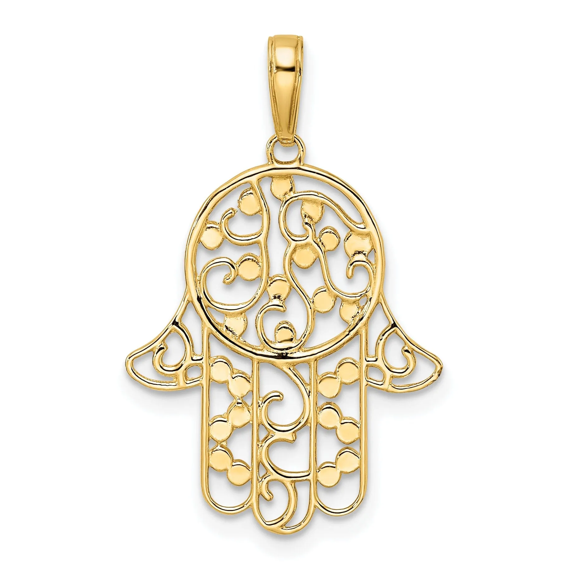 14k Yellow Gold Polished Fancy Filligree Hamsa with Evil Eye Pendant