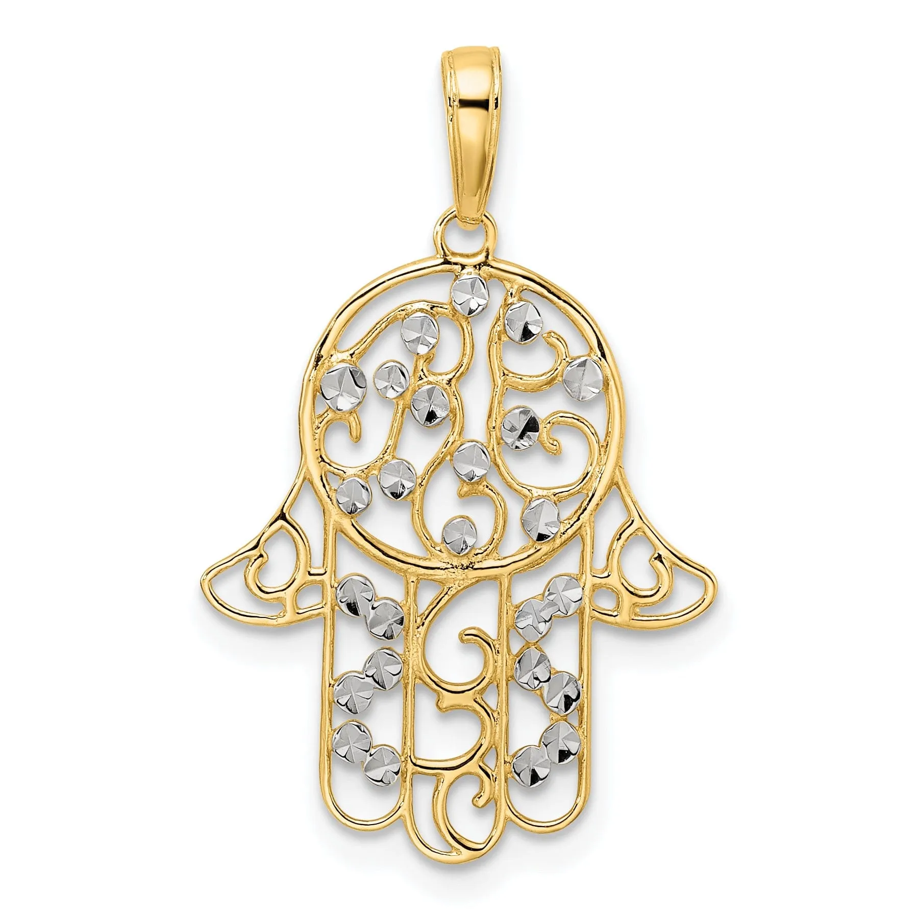 14k Yellow Gold Polished Fancy Filligree Hamsa with Evil Eye Pendant