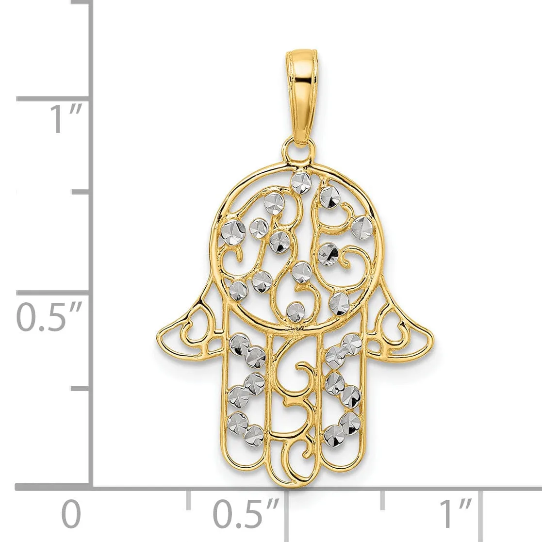 14k Yellow Gold Polished Fancy Filligree Hamsa with Evil Eye Pendant