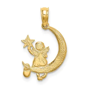 14K Yellow Gold Polished Finish Angel Holding a Star Sitting on a Half Moon Pendant