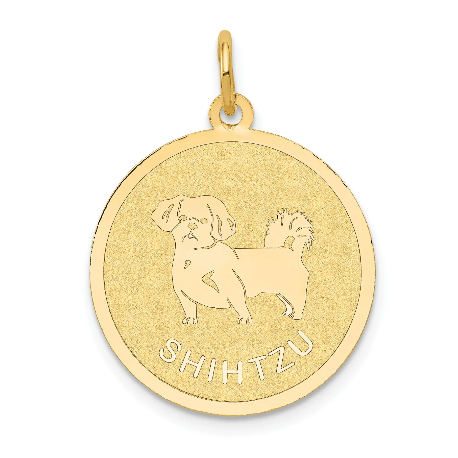 14k Yellow Gold Polished Finish Flat Back Shih Tzu Dog Engravable Disc Round Shape Charm Pendant