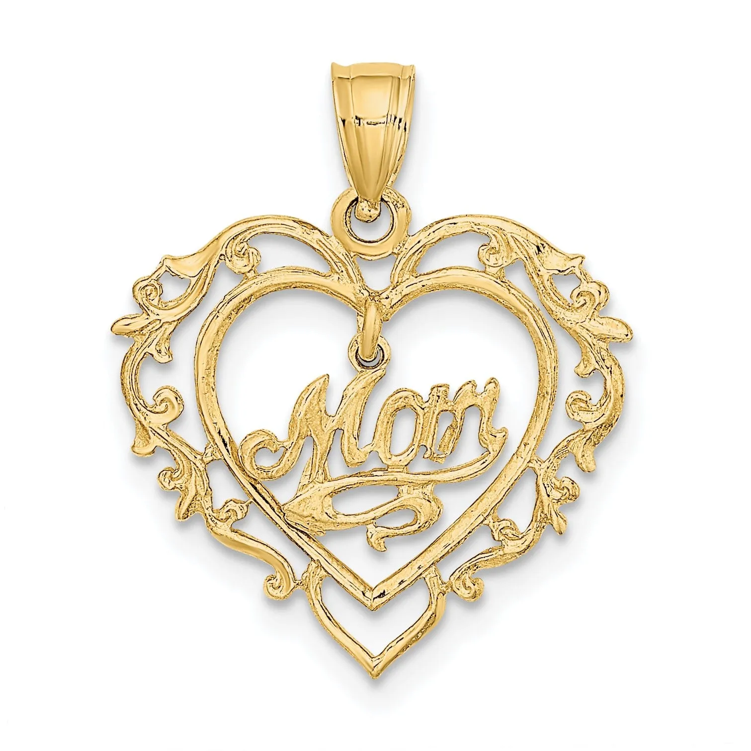 14K Yellow Gold Polished Finish MOM Dangle in Fancy Design Heart Shape Charm Pendant