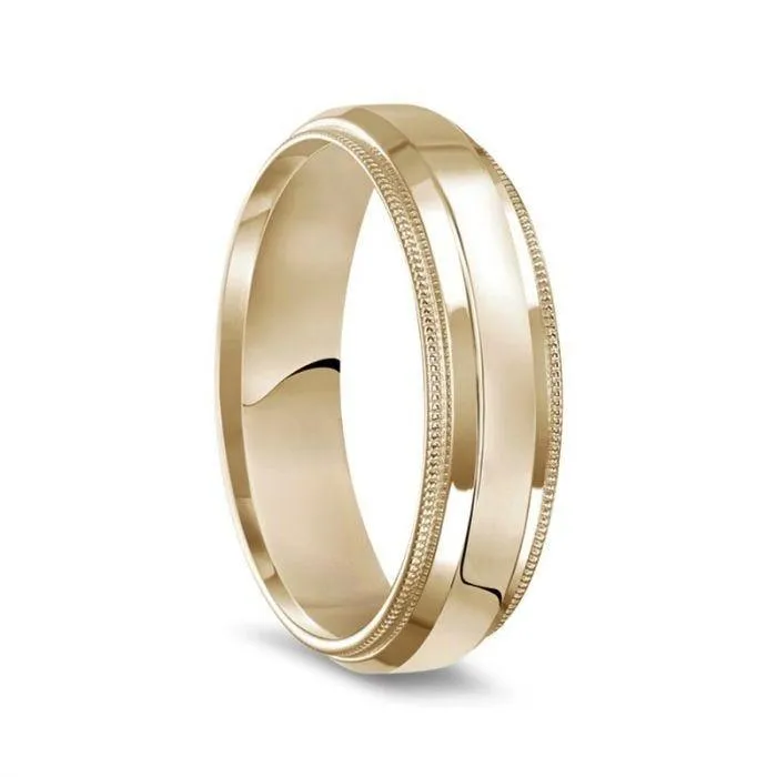 14k Yellow Gold Polished Finish Raised Center Women's Wedding Ring with Milgrain Edges - 4mm