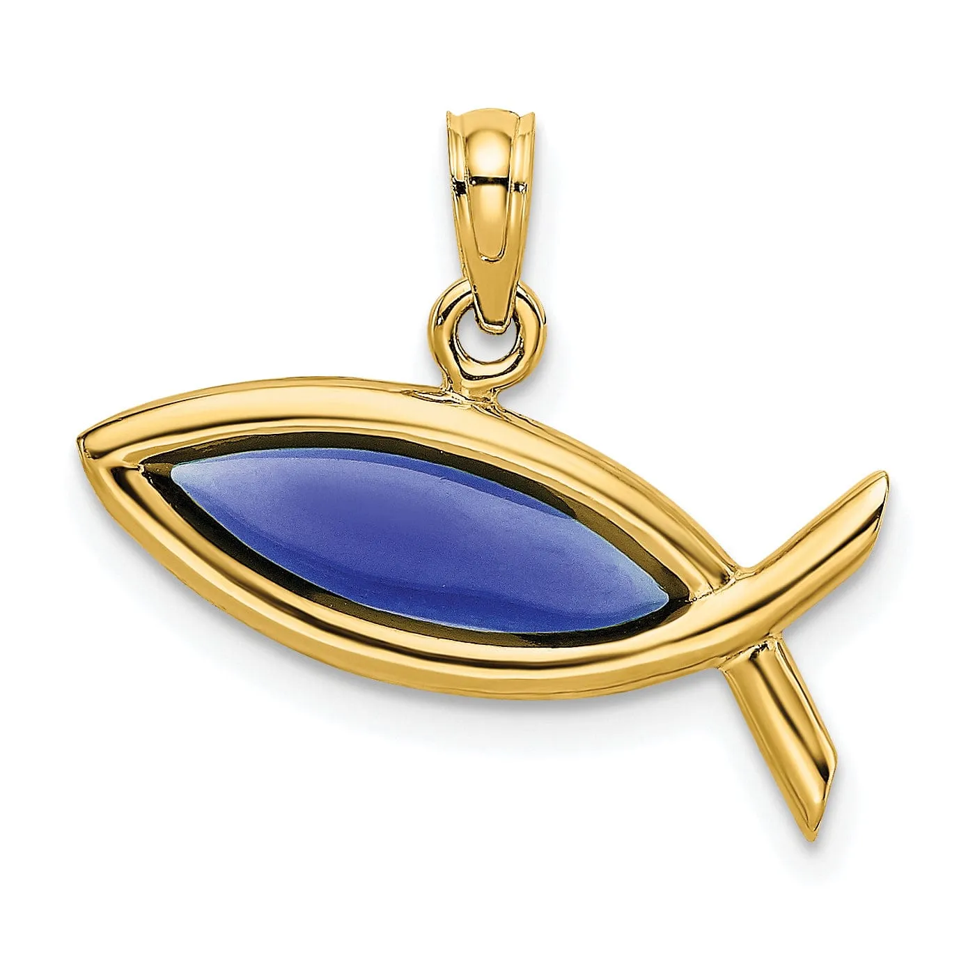 14K Yellow Gold Polished Horizontal Blue Finish Ichthus Fish Pendant