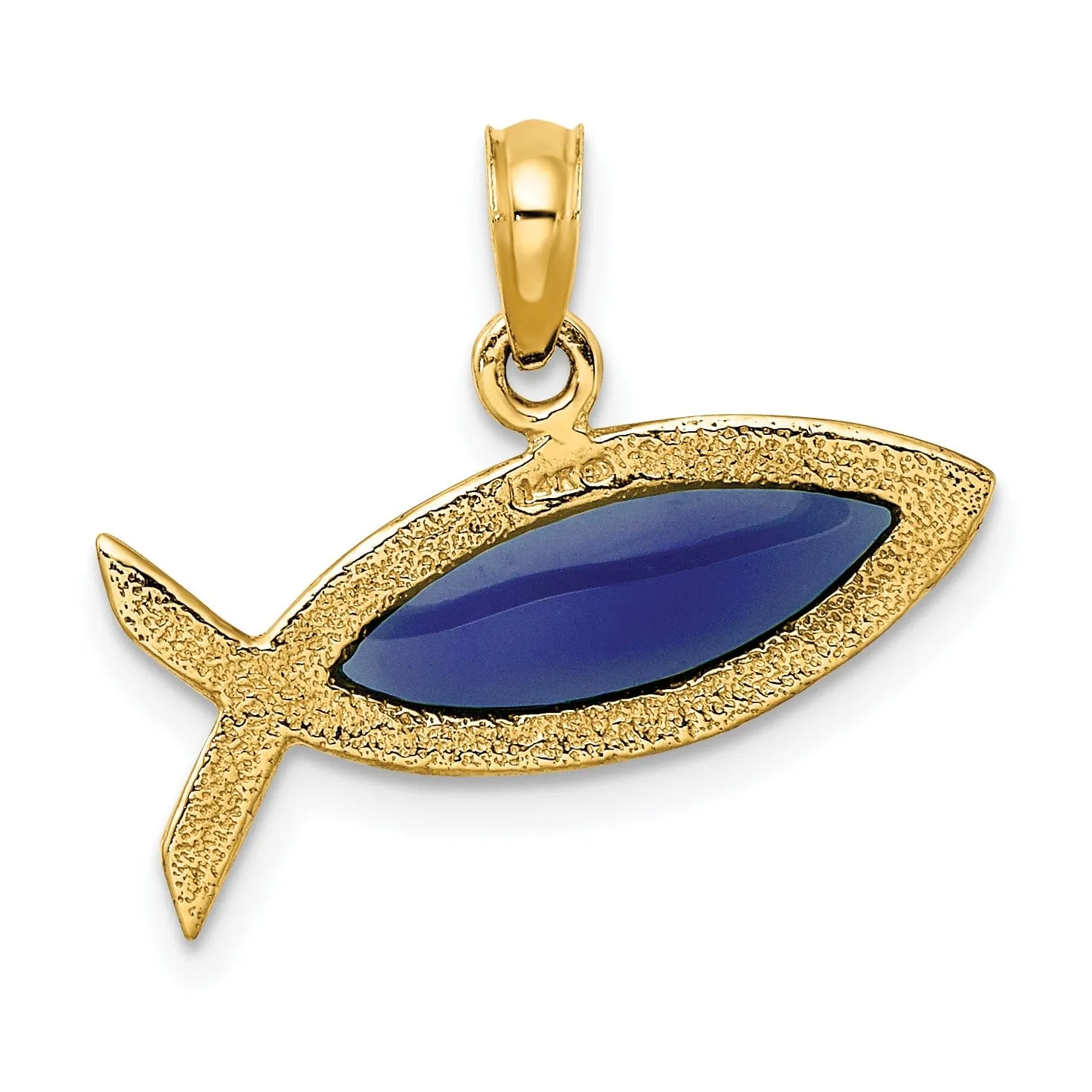 14K Yellow Gold Polished Horizontal Blue Finish Ichthus Fish Pendant