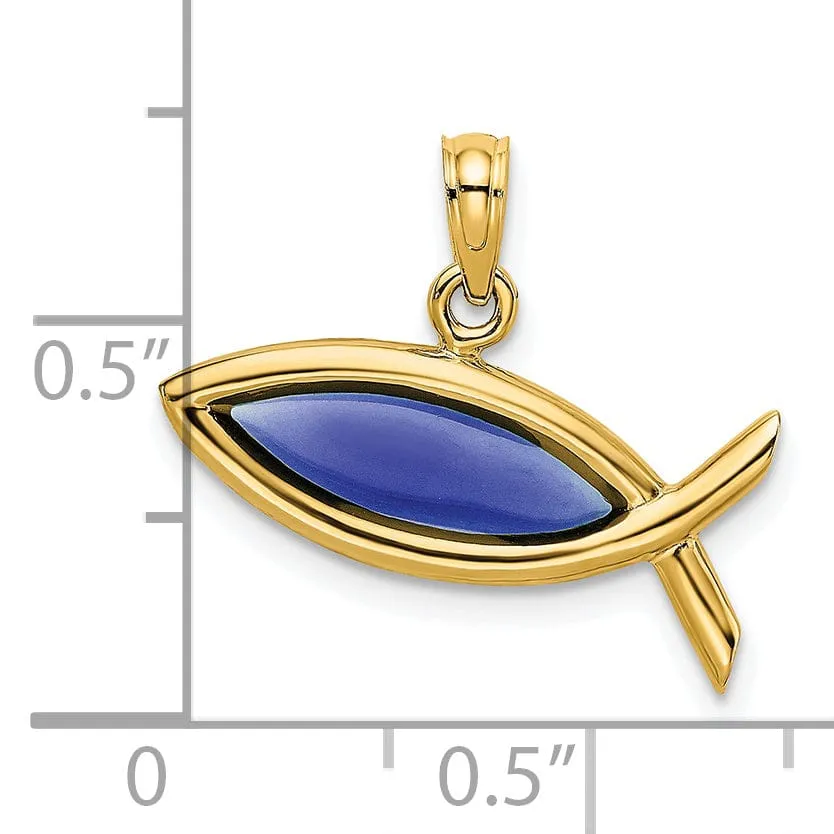 14K Yellow Gold Polished Horizontal Blue Finish Ichthus Fish Pendant