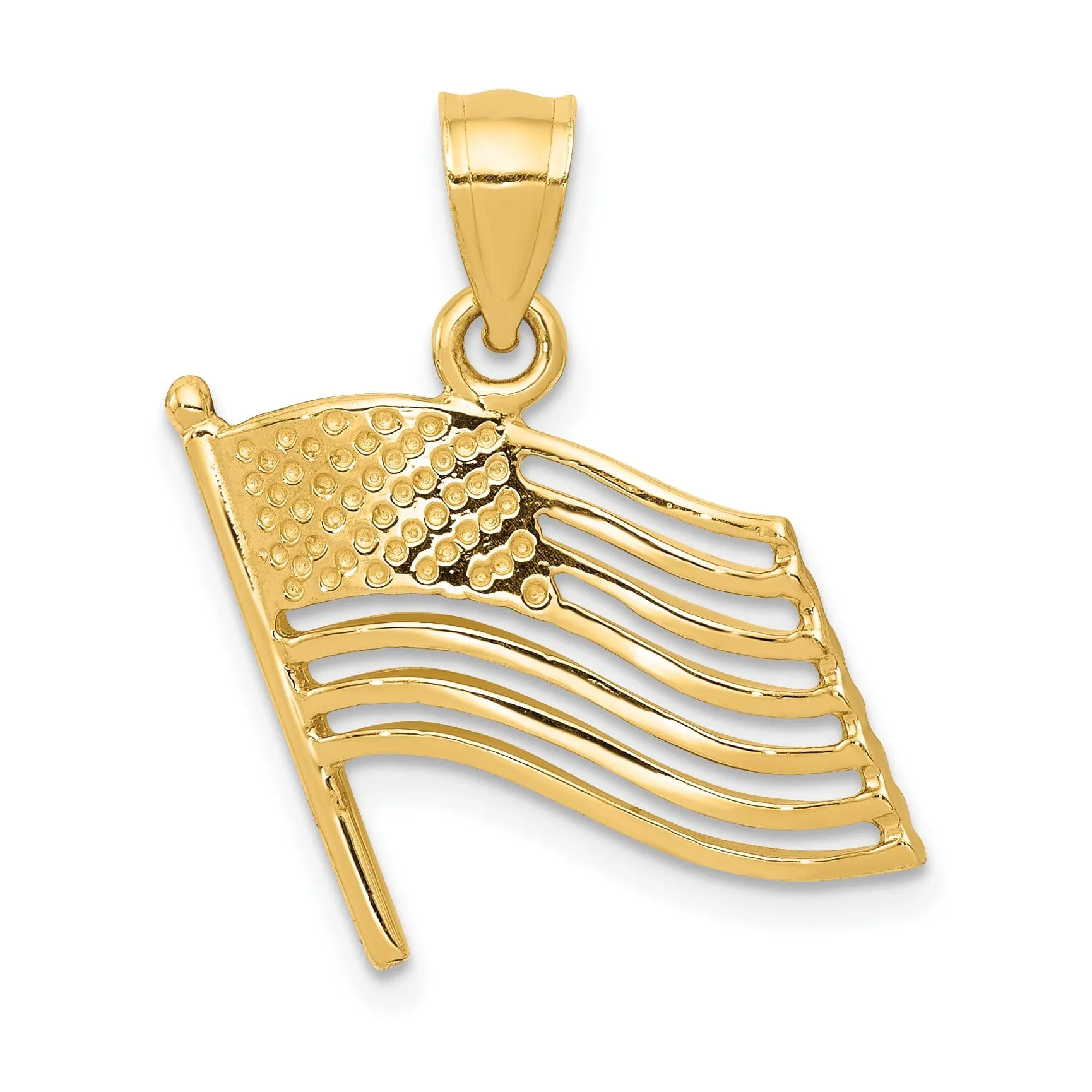 14K Yellow Gold Polished Textured Finish Solid U.S.A American Flag Cut Out Design Charm Pendant