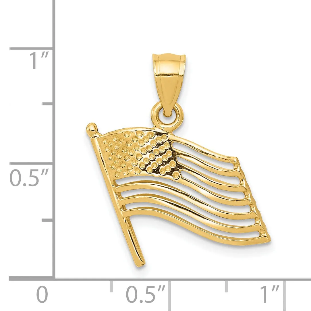 14K Yellow Gold Polished Textured Finish Solid U.S.A American Flag Cut Out Design Charm Pendant