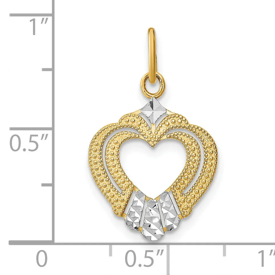 14k Yellow Gold Rhodium D.C Textured Finish Heart Pendant