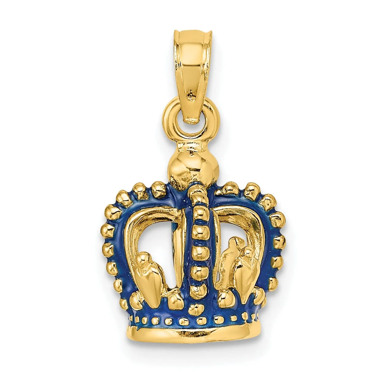 14K Yellow Gold Solid Polished Blue Enamel Finish 3-Dimensional Beaded Design Crown Charm Pendant