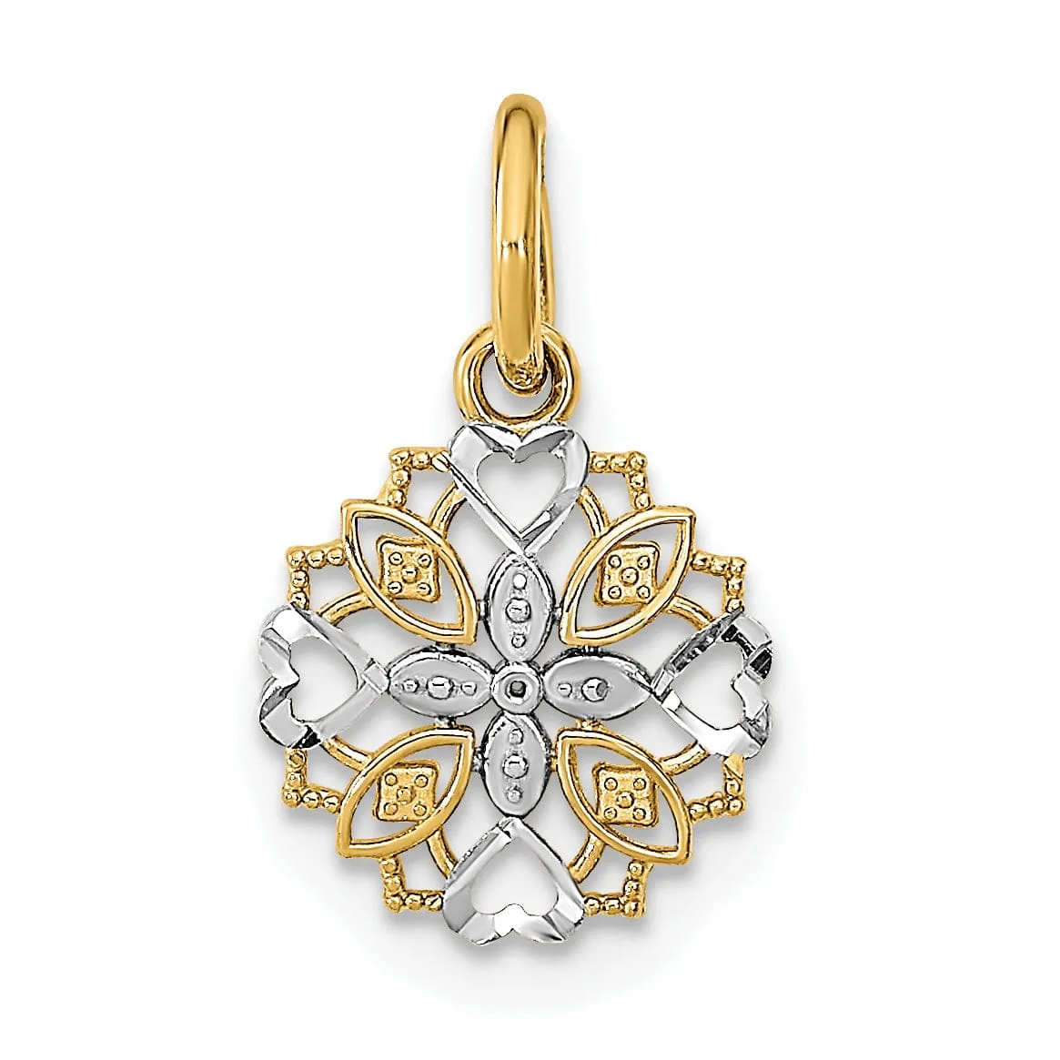 14K Yellow Gold, White Rhodium Polished Finish Cut-Out Heart Edge Flower Design Pendant