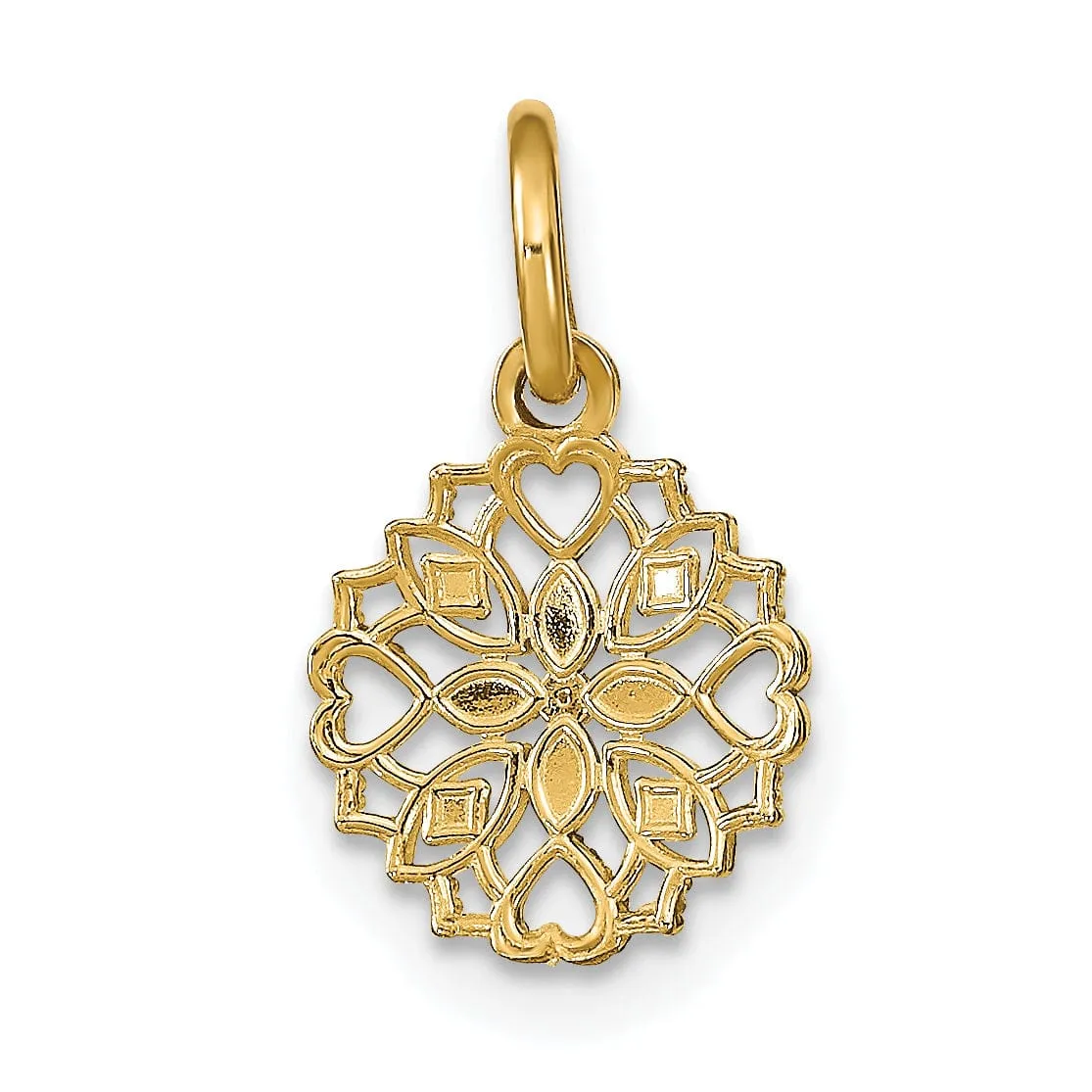 14K Yellow Gold, White Rhodium Polished Finish Cut-Out Heart Edge Flower Design Pendant