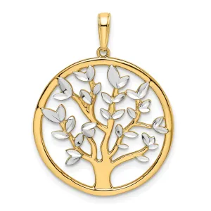 14k Yellow Gold White Rhodium Solid Flat Back Polished Diamond Cut Finish Round Shape Tree of Life Charm Pendant