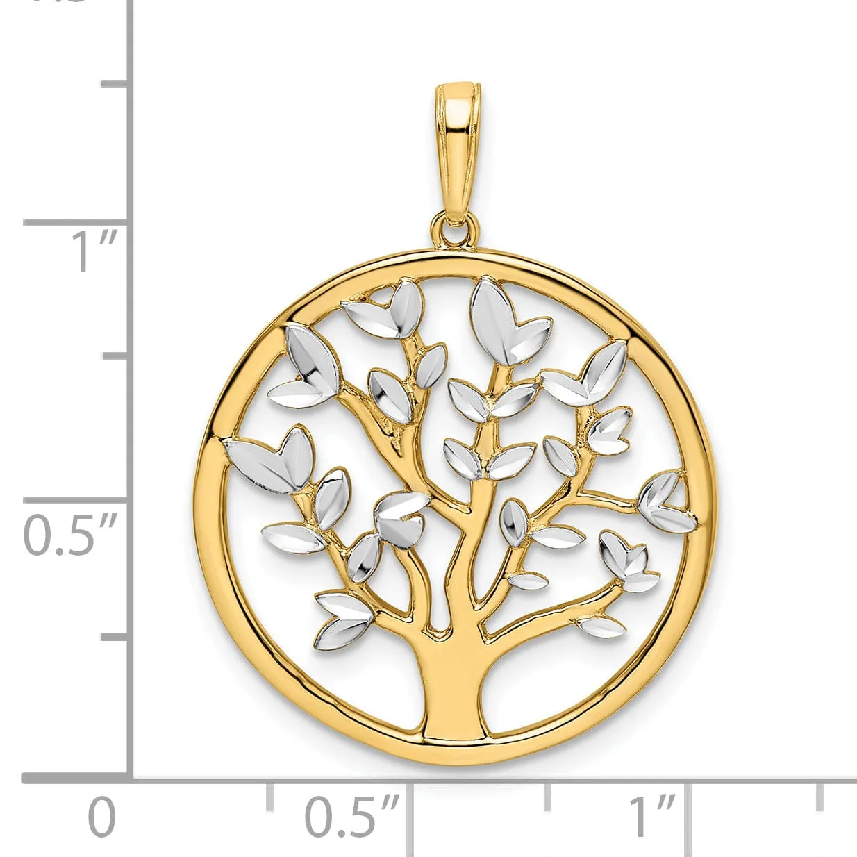 14k Yellow Gold White Rhodium Solid Flat Back Polished Diamond Cut Finish Round Shape Tree of Life Charm Pendant