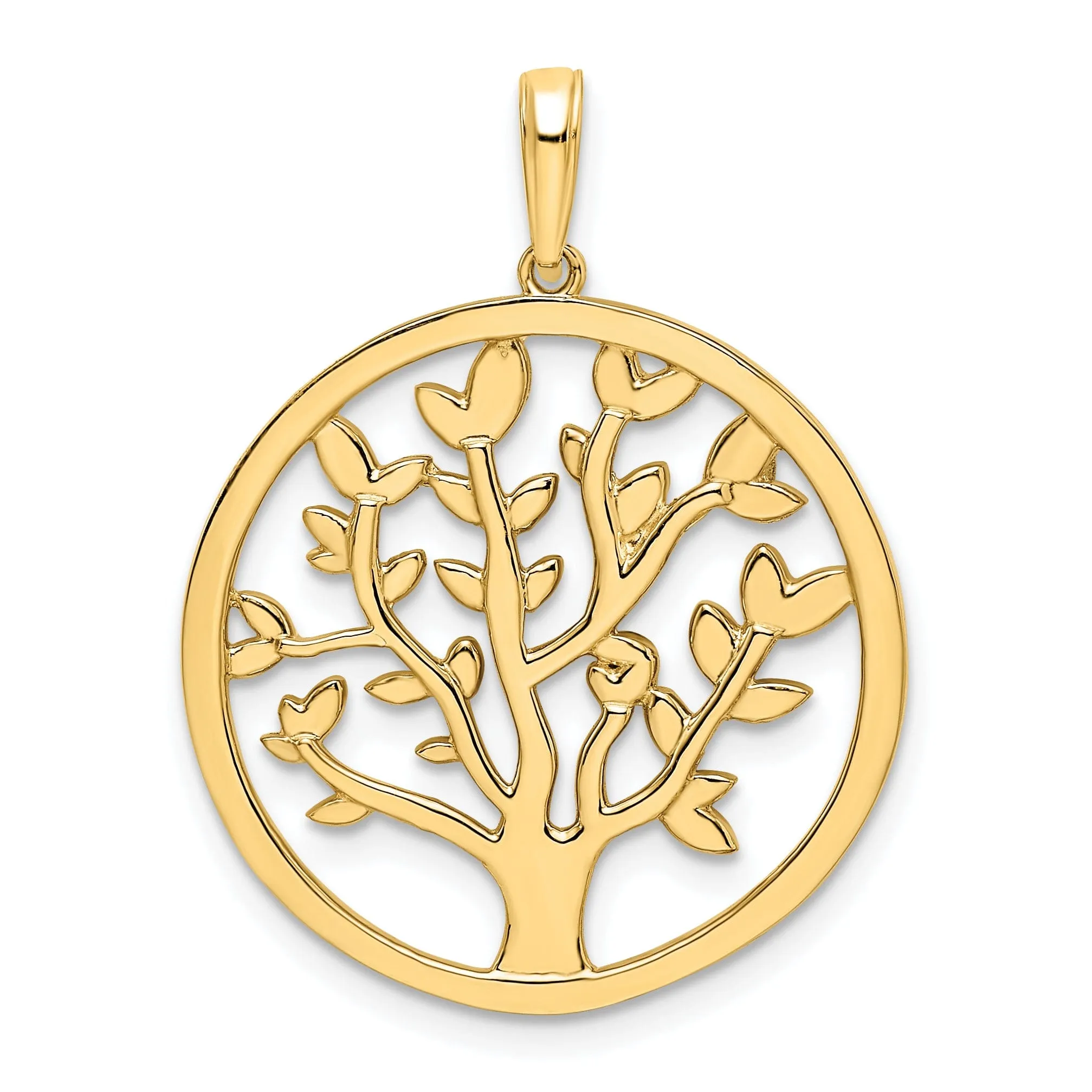 14k Yellow Gold White Rhodium Solid Flat Back Polished Diamond Cut Finish Round Shape Tree of Life Charm Pendant