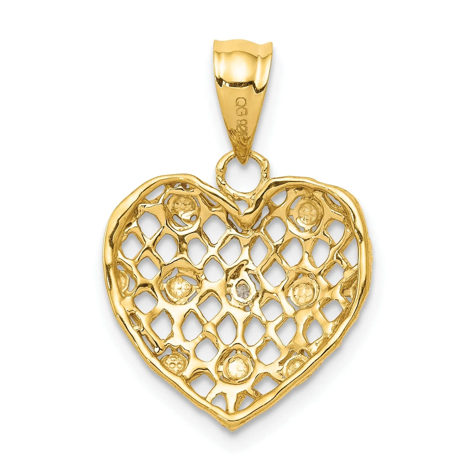 14k Yellow Gold, White Rhodium Solid Textured Polished Finish 0.005-CT Diamond Mesh Heart Design Charm Pendant