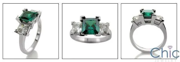 1.5 Emerald Green Princess Diamond Cubic Zirconia 3 Stone Ring 14K White Gold