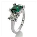 1.5 Emerald Green Princess Diamond Cubic Zirconia 3 Stone Ring 14K White Gold