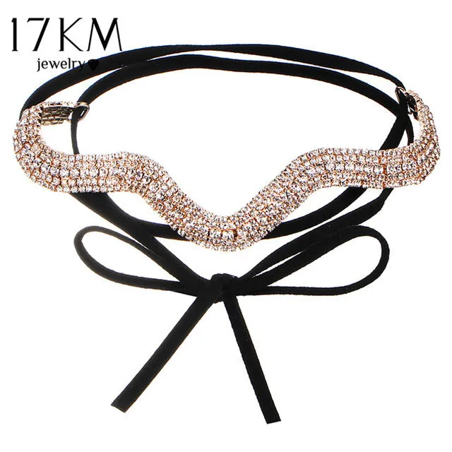 17KM Collar Flower Crystal Long Choker Necklace Layer 2017 Bow Pendant Leather Chokers Tassel Statement Collier Fashion Jewelry