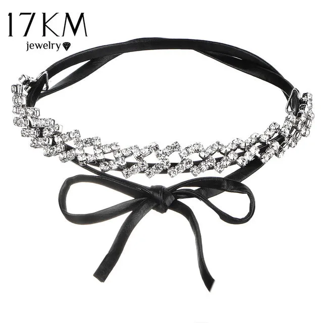 17KM Collar Flower Crystal Long Choker Necklace Layer 2017 Bow Pendant Leather Chokers Tassel Statement Collier Fashion Jewelry