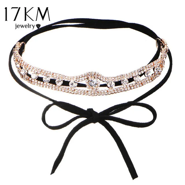 17KM Collar Flower Crystal Long Choker Necklace Layer 2017 Bow Pendant Leather Chokers Tassel Statement Collier Fashion Jewelry