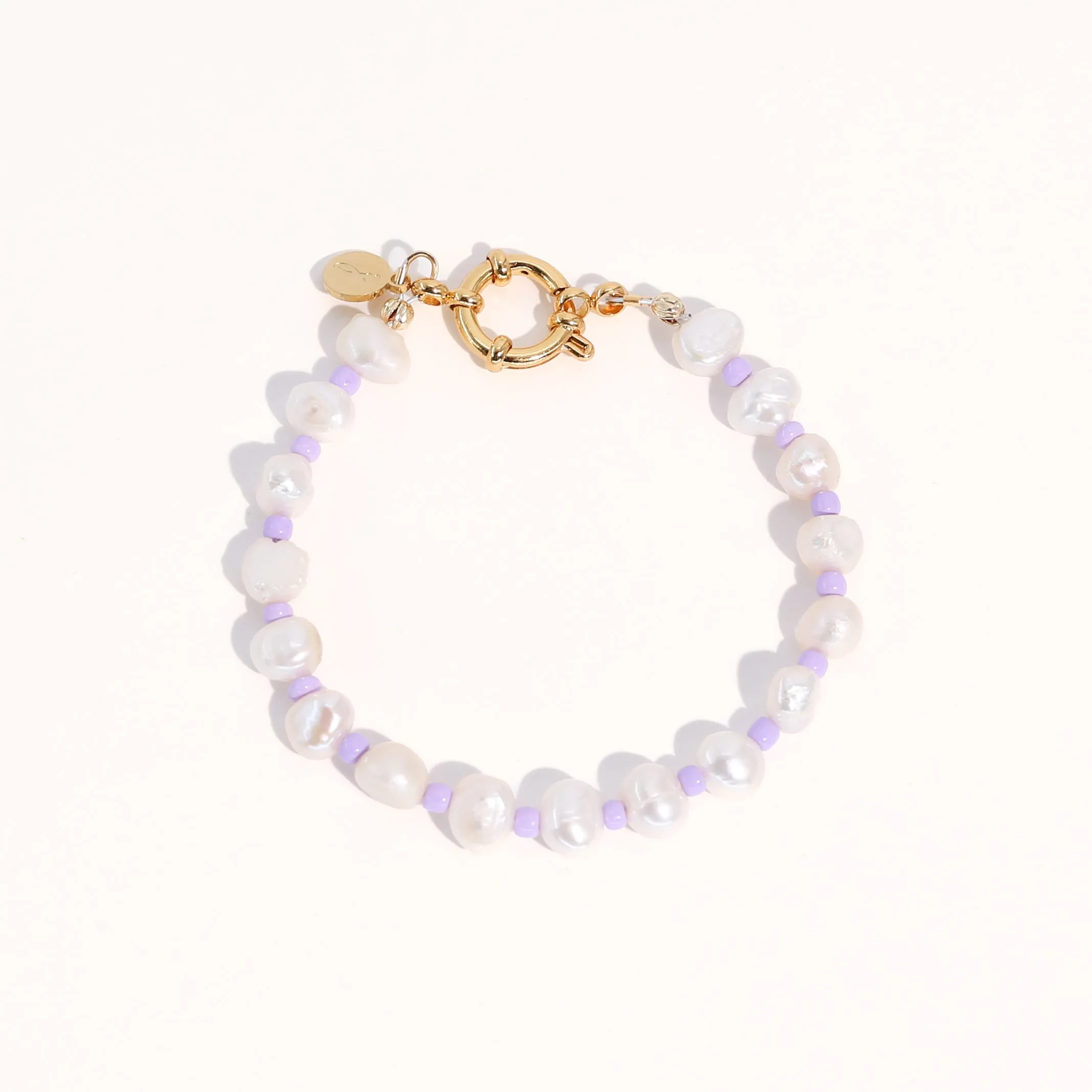 18K Gold Plated Freshwater Pearls with Purple Glass Beads - Taro Bracelet 8"