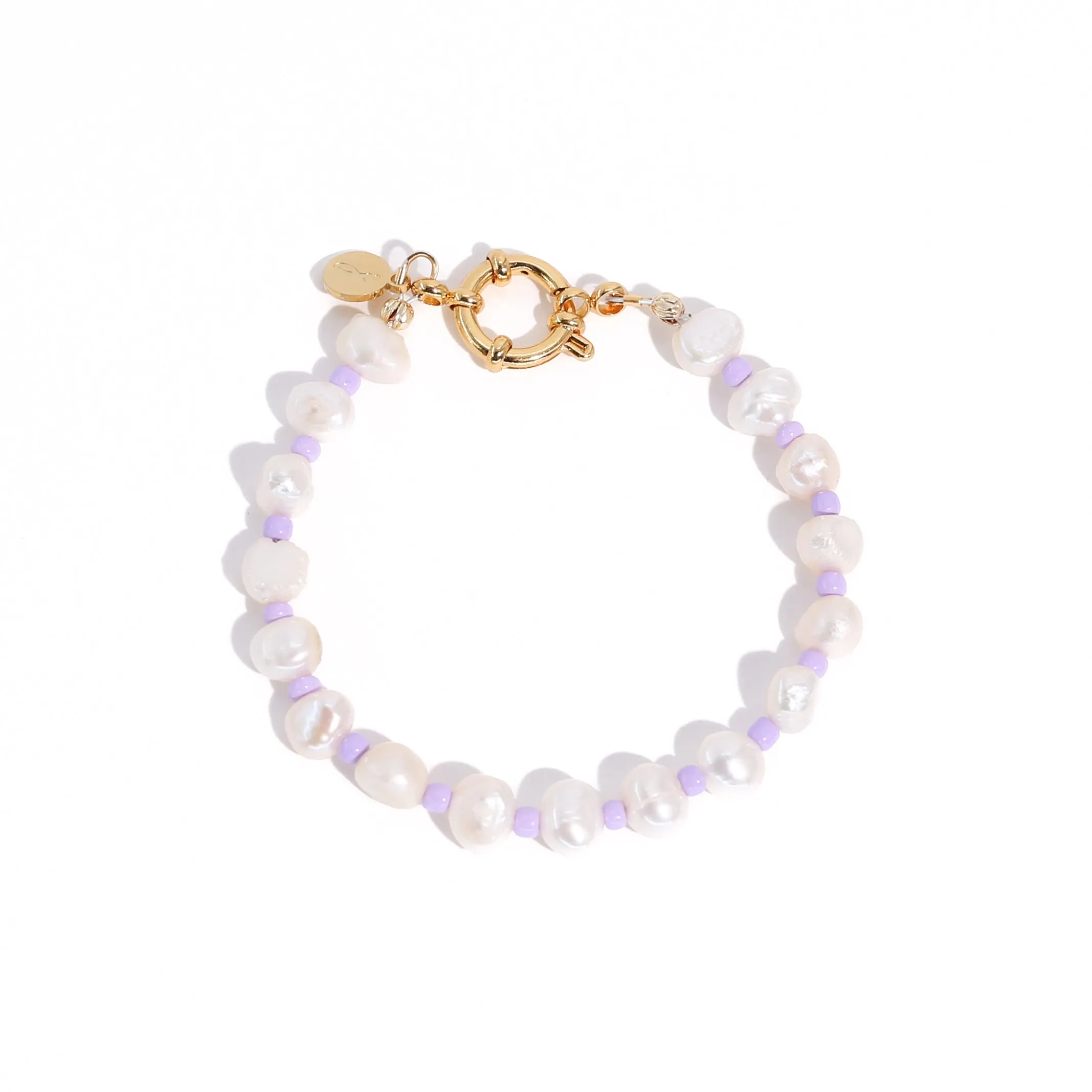 18K Gold Plated Freshwater Pearls with Purple Glass Beads - Taro Bracelet 8"