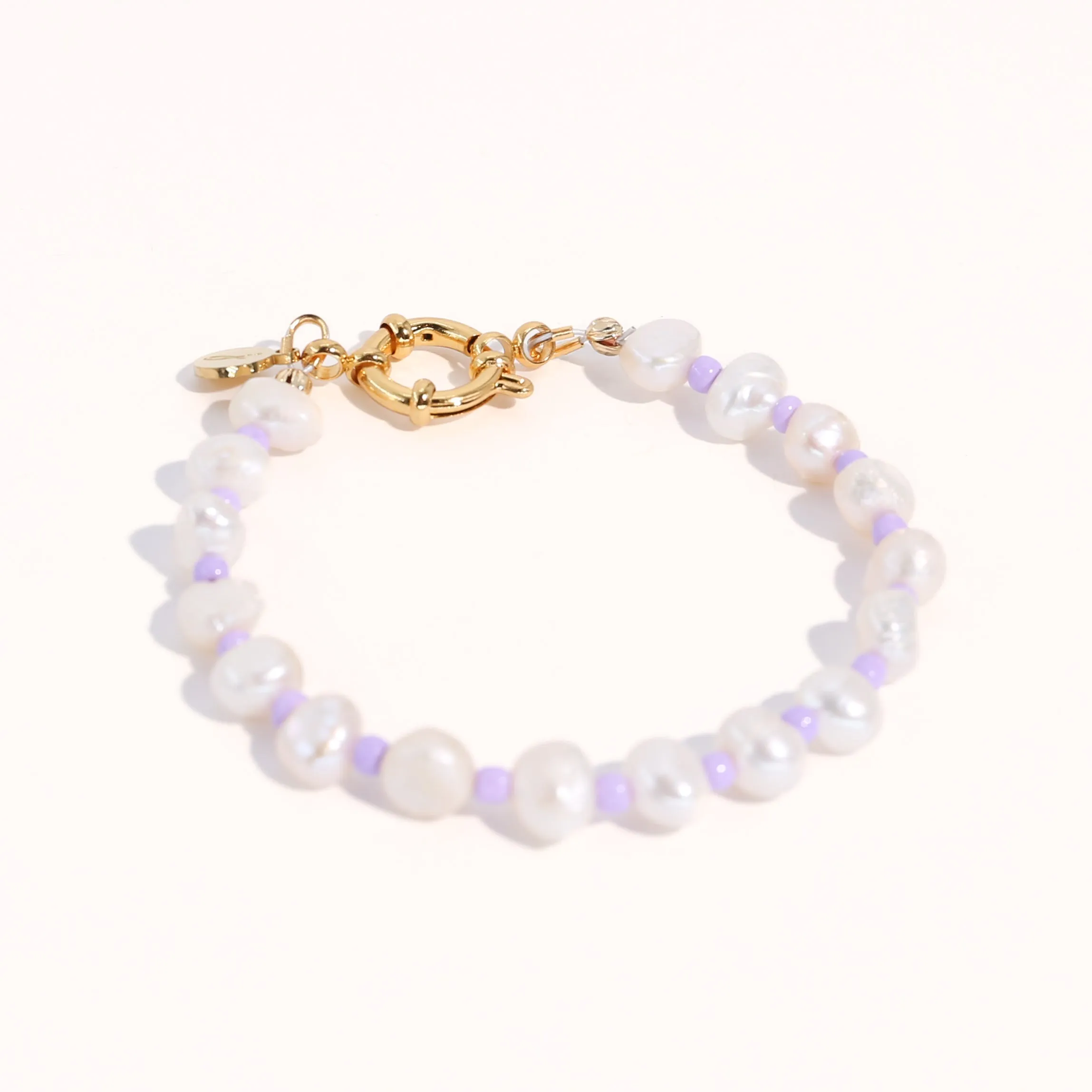 18K Gold Plated Freshwater Pearls with Purple Glass Beads - Taro Bracelet 8"