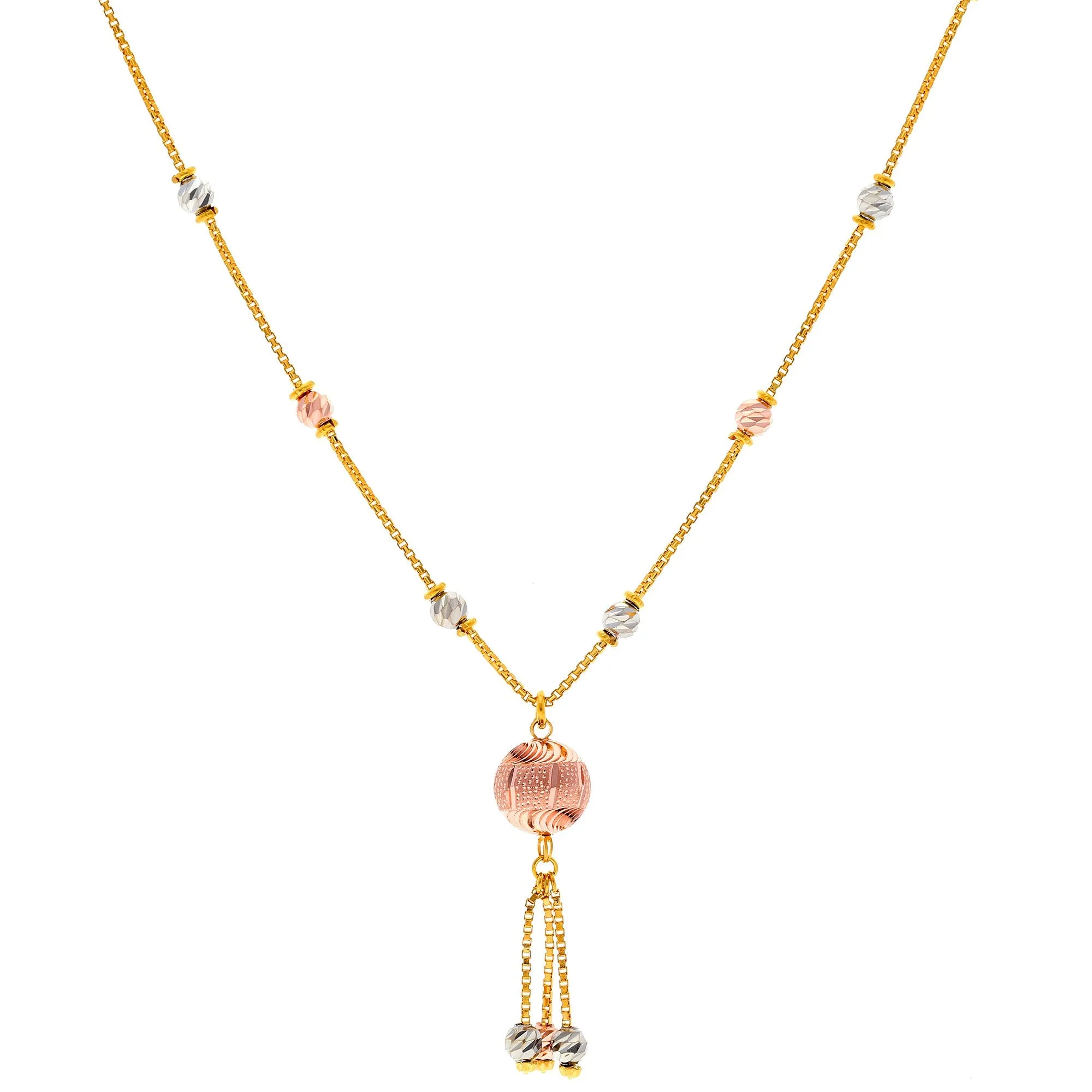 22K Multi Tone Gold Necklace W/ Rose Gold Ball Tassel Pendant