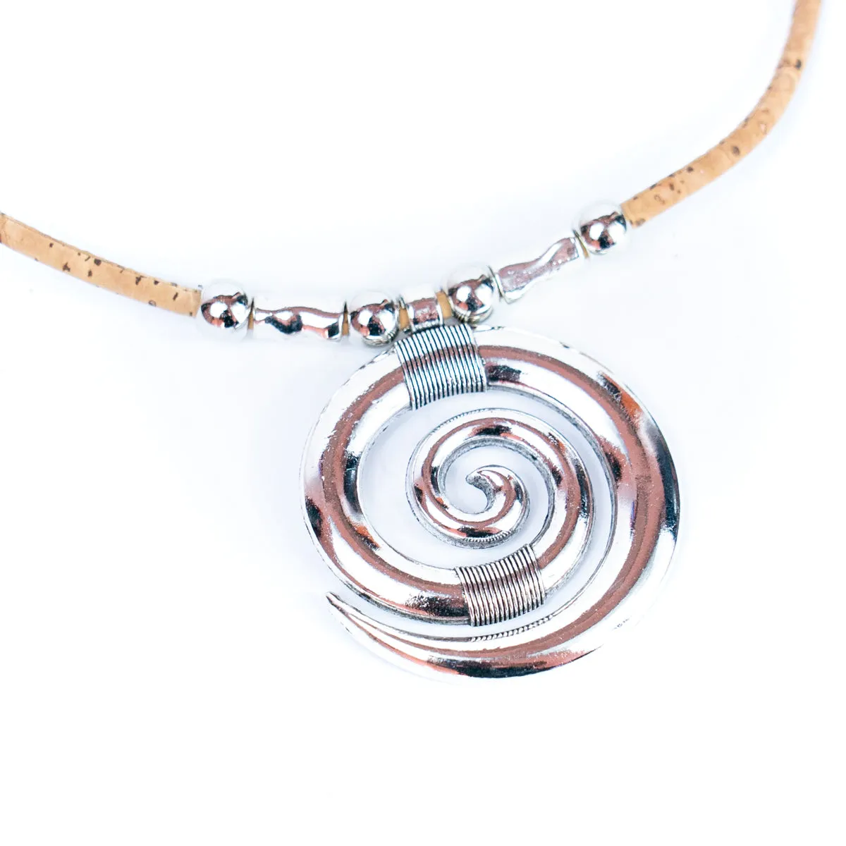 3mm natural color round cork wire and alloy spiral pendant handmade necklace NE-1031-5