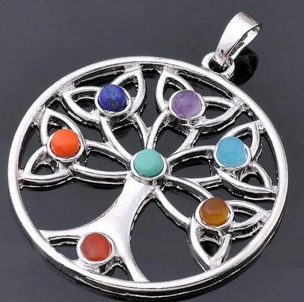 7 Chakra Stones Chakra Reiki Point tree of life pendant charm pendant jewelry Ankh Yoga charm 3D stone necklace