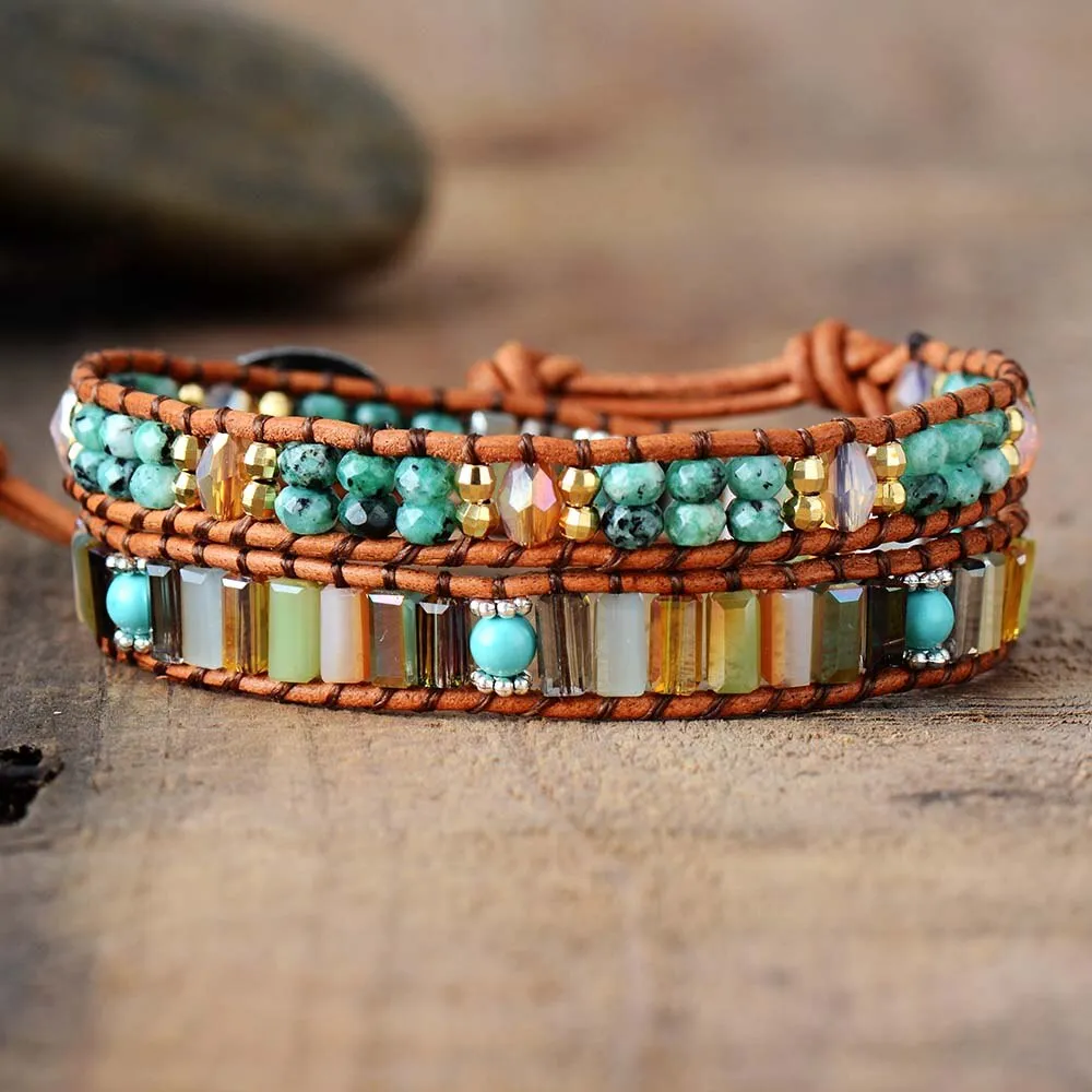 7 Color Crystals Leather Wrap Bracelet