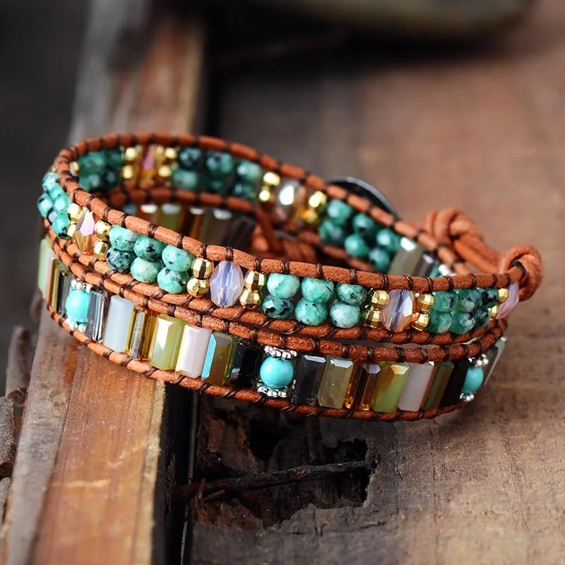 7 Color Crystals Leather Wrap Bracelet