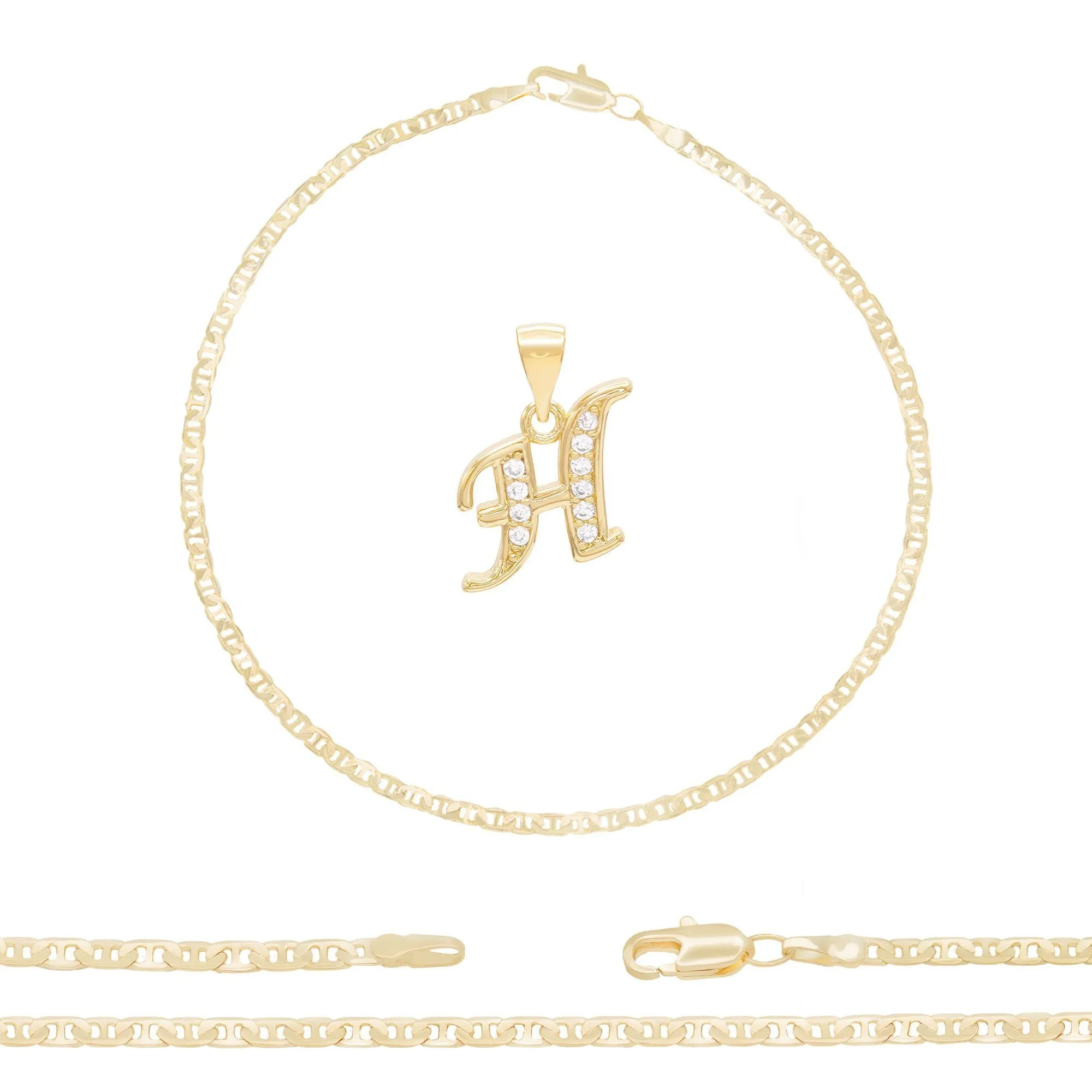 A-Z Initial Letter Pendant 14K Gold Filled Cubic Zirconia Mariner Chain Anklet 10" Set CZ Charm Foot Bracelet 3.2 mm Female Women Girl