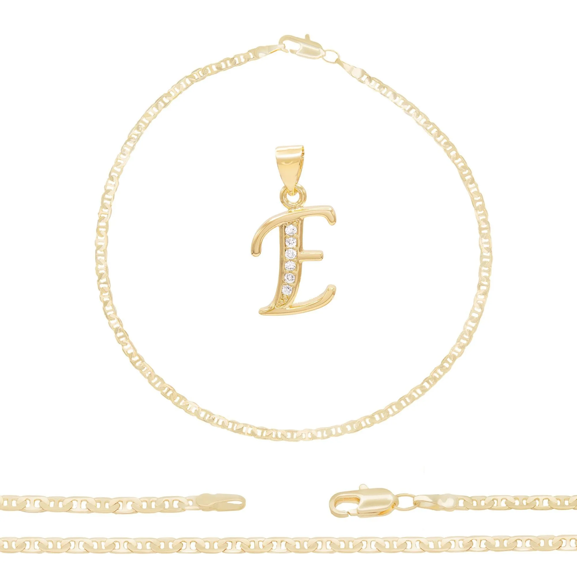 A-Z Initial Letter Pendant 14K Gold Filled Cubic Zirconia Mariner Chain Anklet 10" Set CZ Charm Foot Bracelet 3.2 mm Female Women Girl