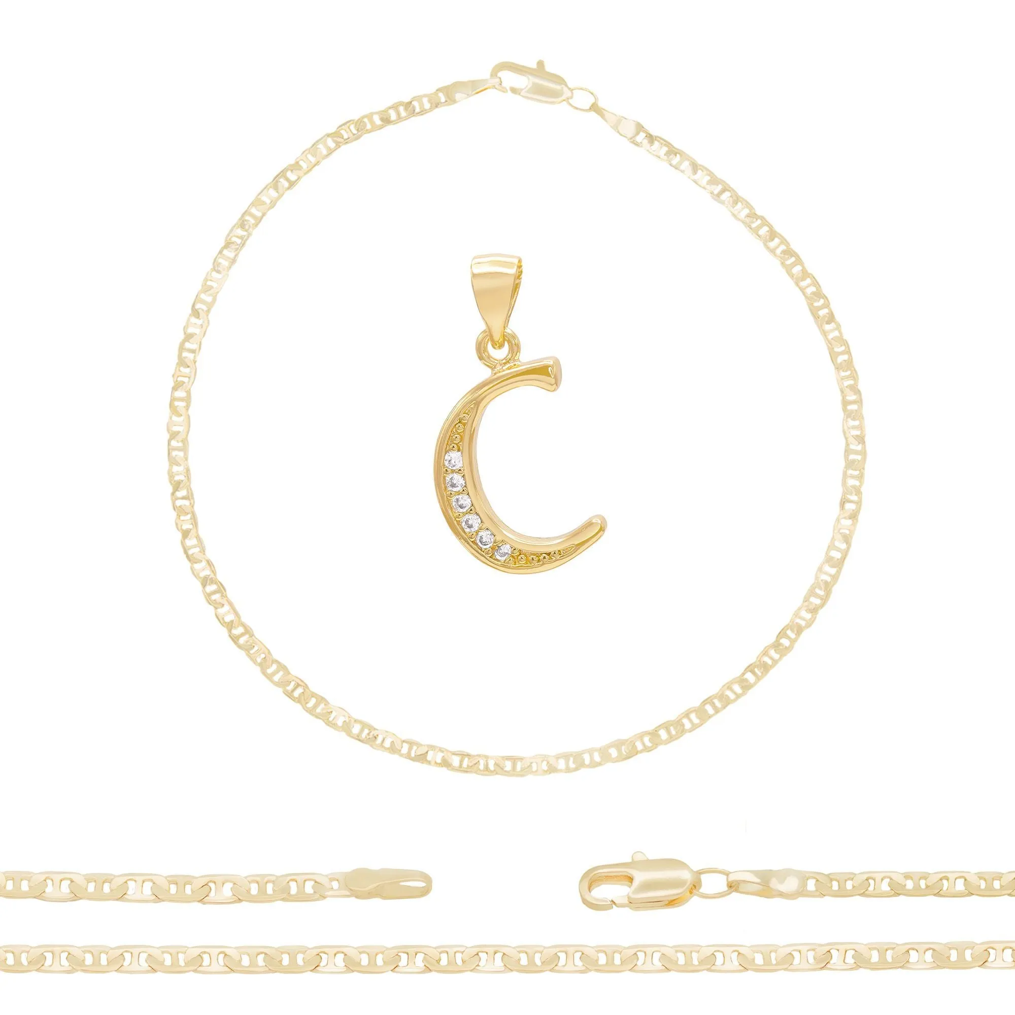 A-Z Initial Letter Pendant 14K Gold Filled Cubic Zirconia Mariner Chain Anklet 10" Set CZ Charm Foot Bracelet 3.2 mm Female Women Girl