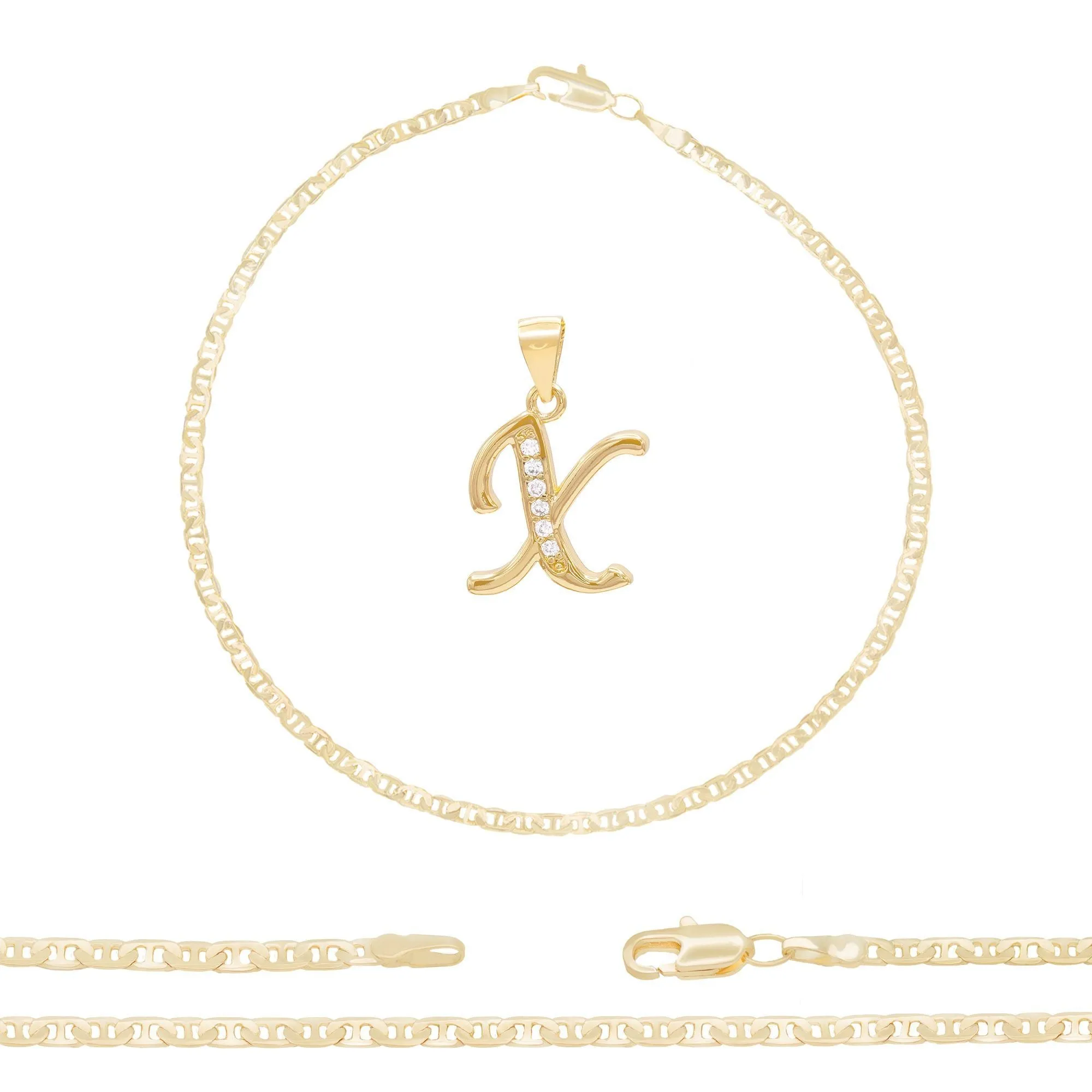 A-Z Initial Letter Pendant 14K Gold Filled Cubic Zirconia Mariner Chain Anklet 10" Set CZ Charm Foot Bracelet 3.2 mm Female Women Girl