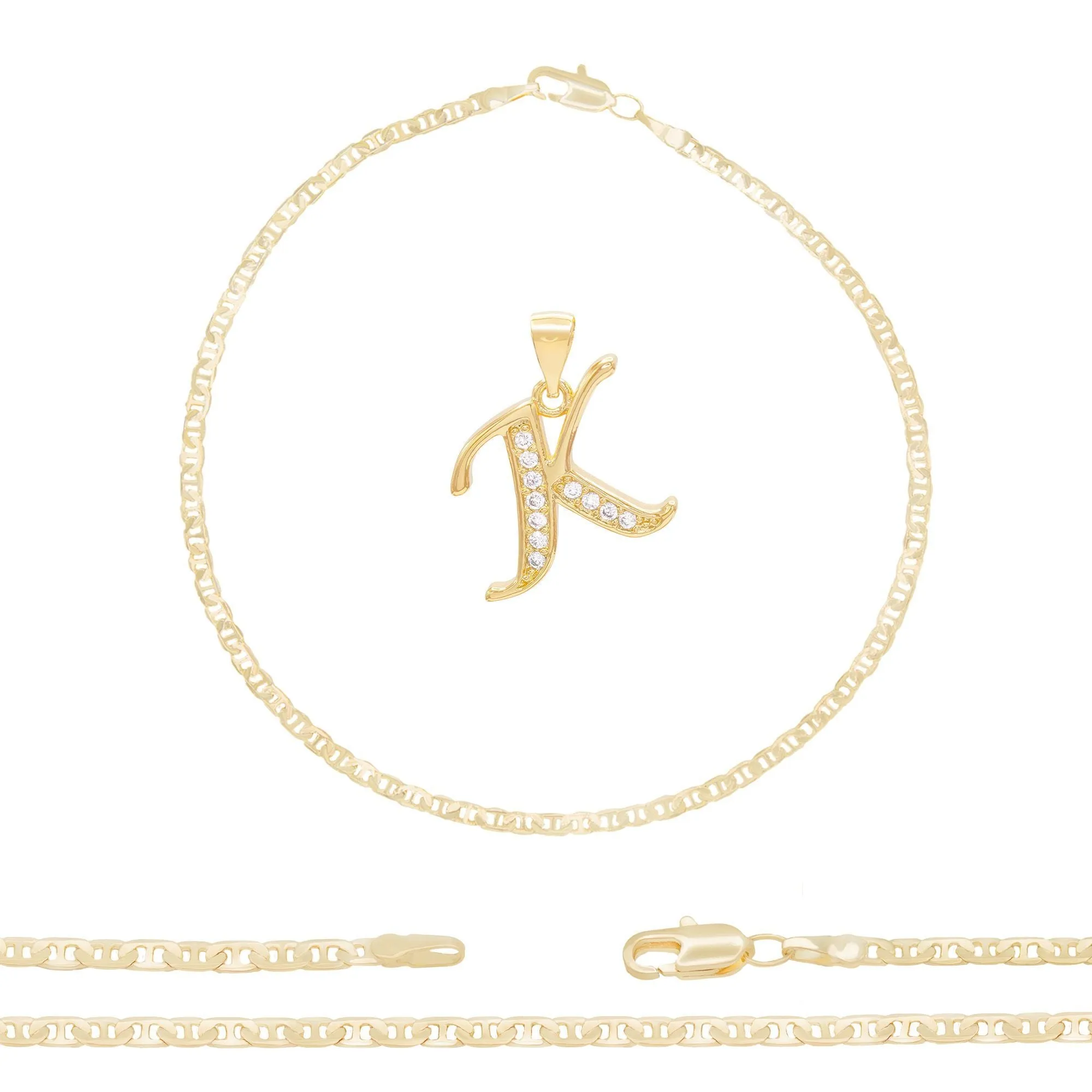 A-Z Initial Letter Pendant 14K Gold Filled Cubic Zirconia Mariner Chain Anklet 10" Set CZ Charm Foot Bracelet 3.2 mm Female Women Girl