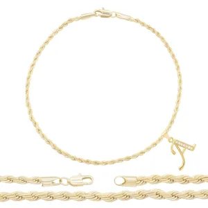 A-Z Initial Letter Pendant 14K Gold Filled Cubic Zirconia Rope Chain Anklet 10" Set CZ Charm Foot Bracelet 2.4 mm Female Women Girl