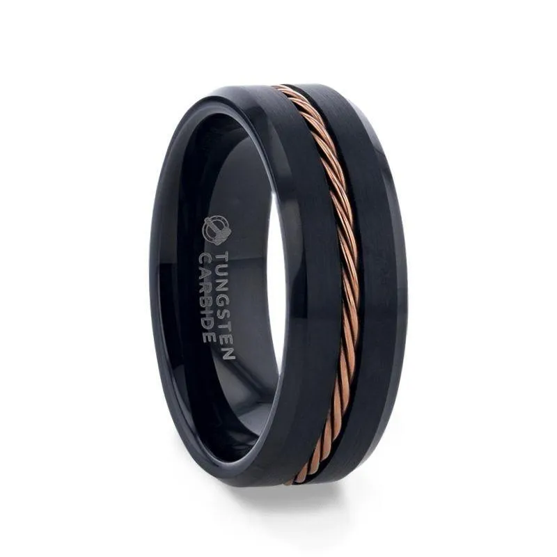 ADELARD Rose Gold Braided Brushed Center Black Tungsten Men's Wedding Band With Polished Beveled Edges - 8mm