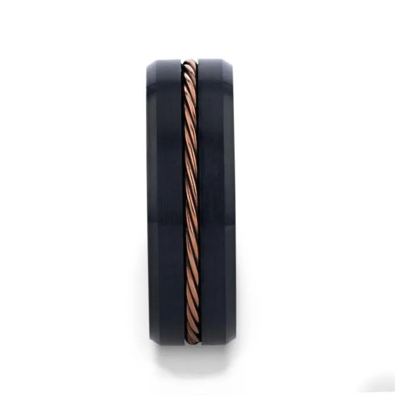 ADELARD Rose Gold Braided Brushed Center Black Tungsten Men's Wedding Band With Polished Beveled Edges - 8mm