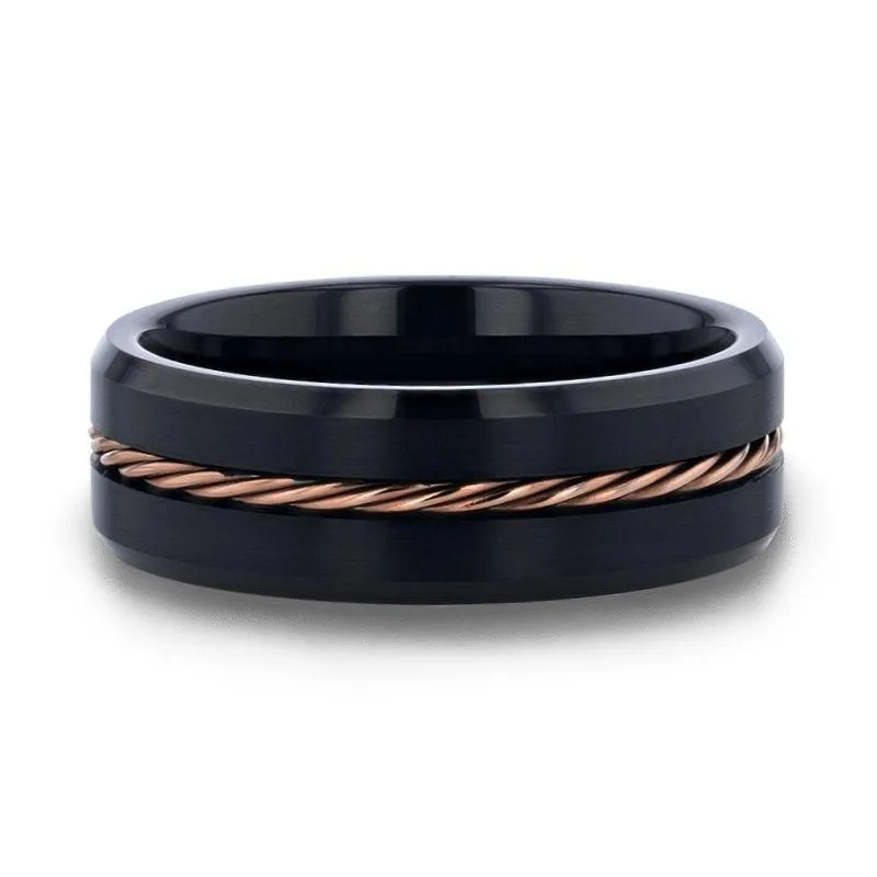 ADELARD Rose Gold Braided Brushed Center Black Tungsten Men's Wedding Band With Polished Beveled Edges - 8mm