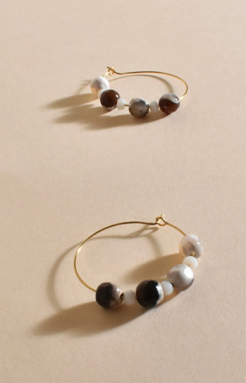 Adorne Natural Stone Hoop Earrings - Black, Brown and Cream