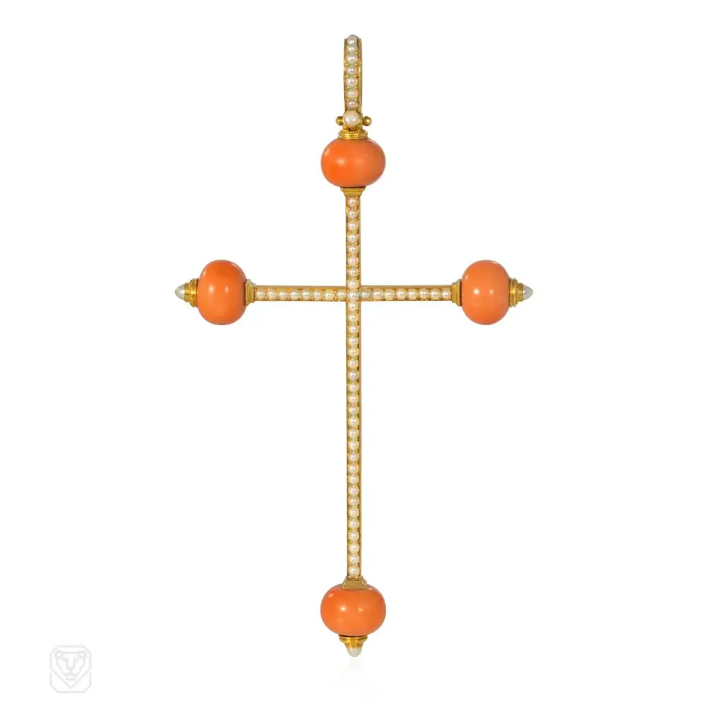 Antique Giuliano coral and pearl fringe necklace with cross pendant en suite