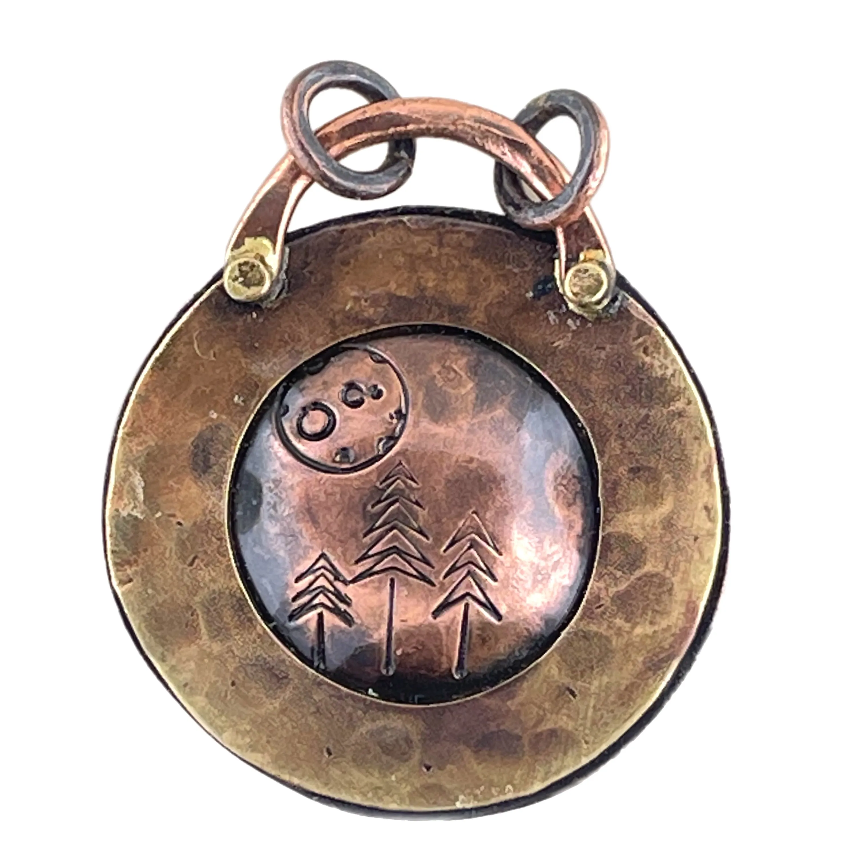 Antiqued Copper and Brass Pendant with Moonlit Pine Trees