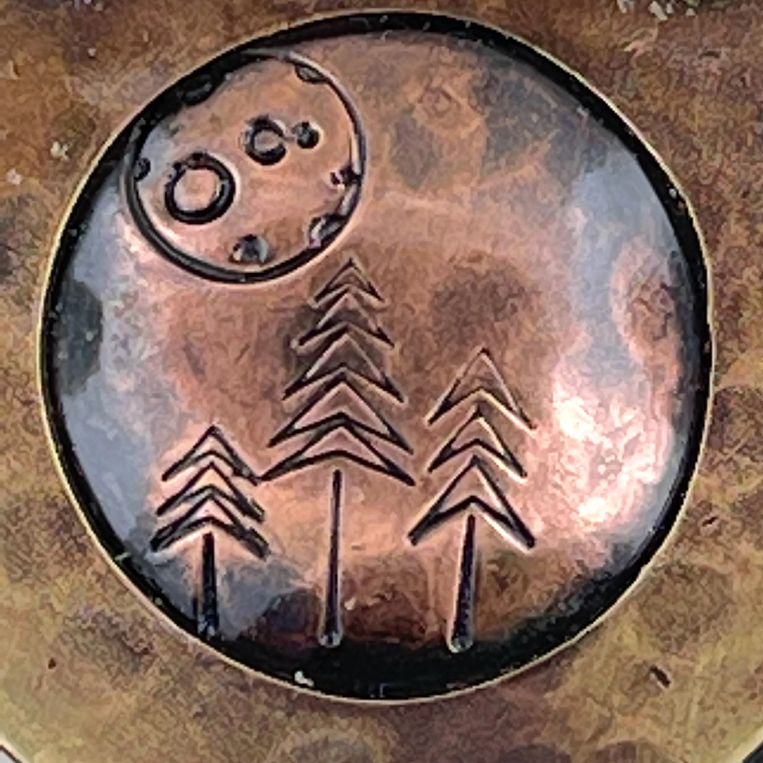 Antiqued Copper and Brass Pendant with Moonlit Pine Trees